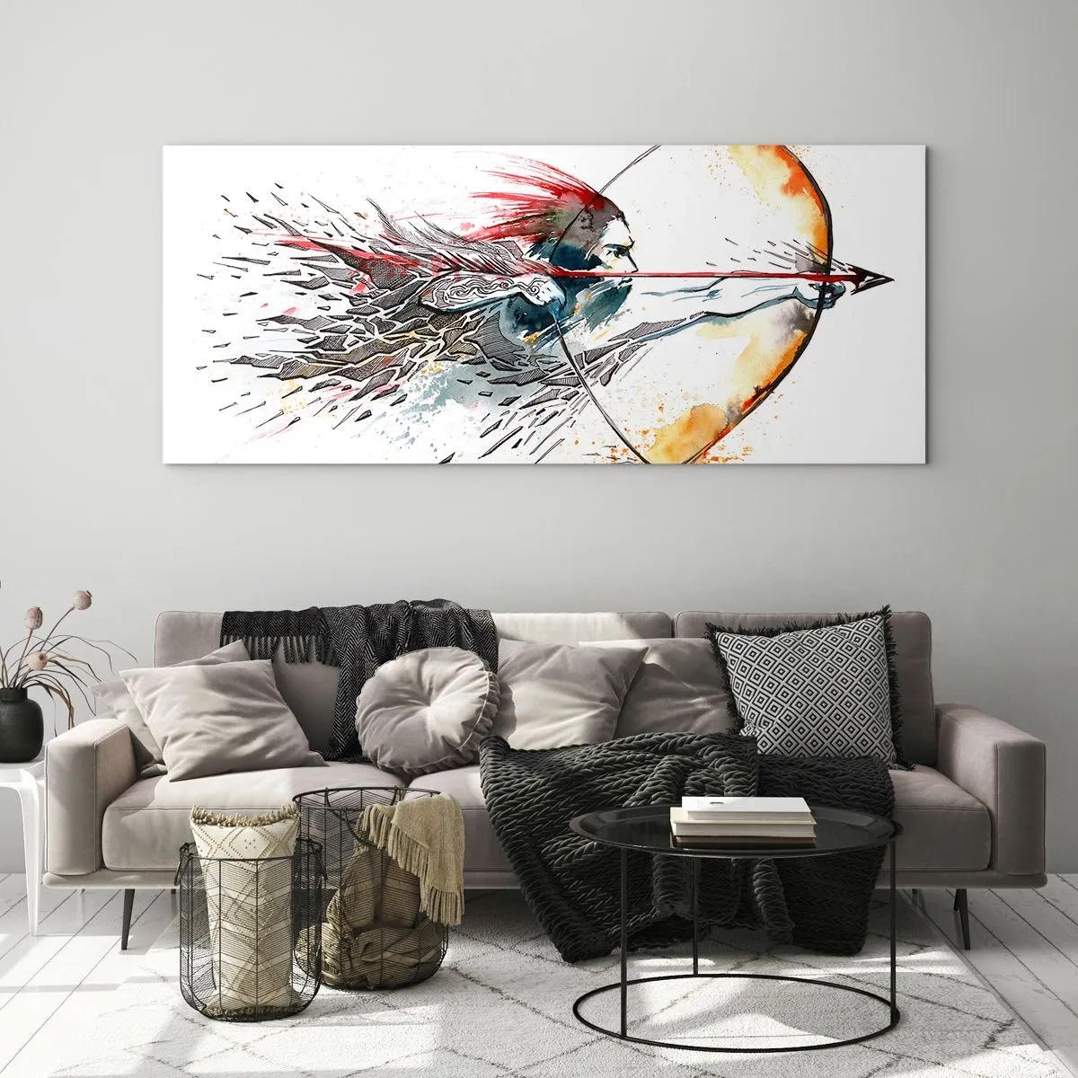 Glasbild - Bild auf glas - Dynamisches Aquarell eines Kriegers mit Pfeil und Bogen - 160x50cm - Mythischer Krieger mit feurigem Bogen - Moderne Wanddekoration für Wohnzimmer und Schlafzimmer ARTTOR