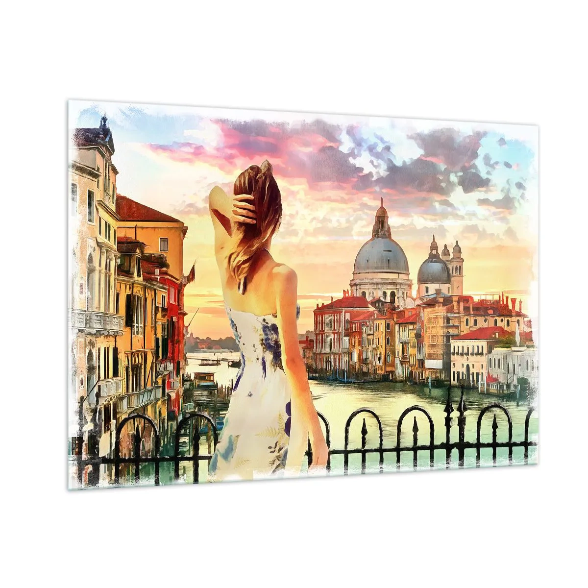 Glasbild - Bild auf glas - Eine Frau bewundert den Blick auf Venedig bei Sonnenuntergang. - 100x70cm - Als Abenteuer nur in ... - Moderne Wanddekoration für Wohnzimmer und Schlafzimmer ARTTOR