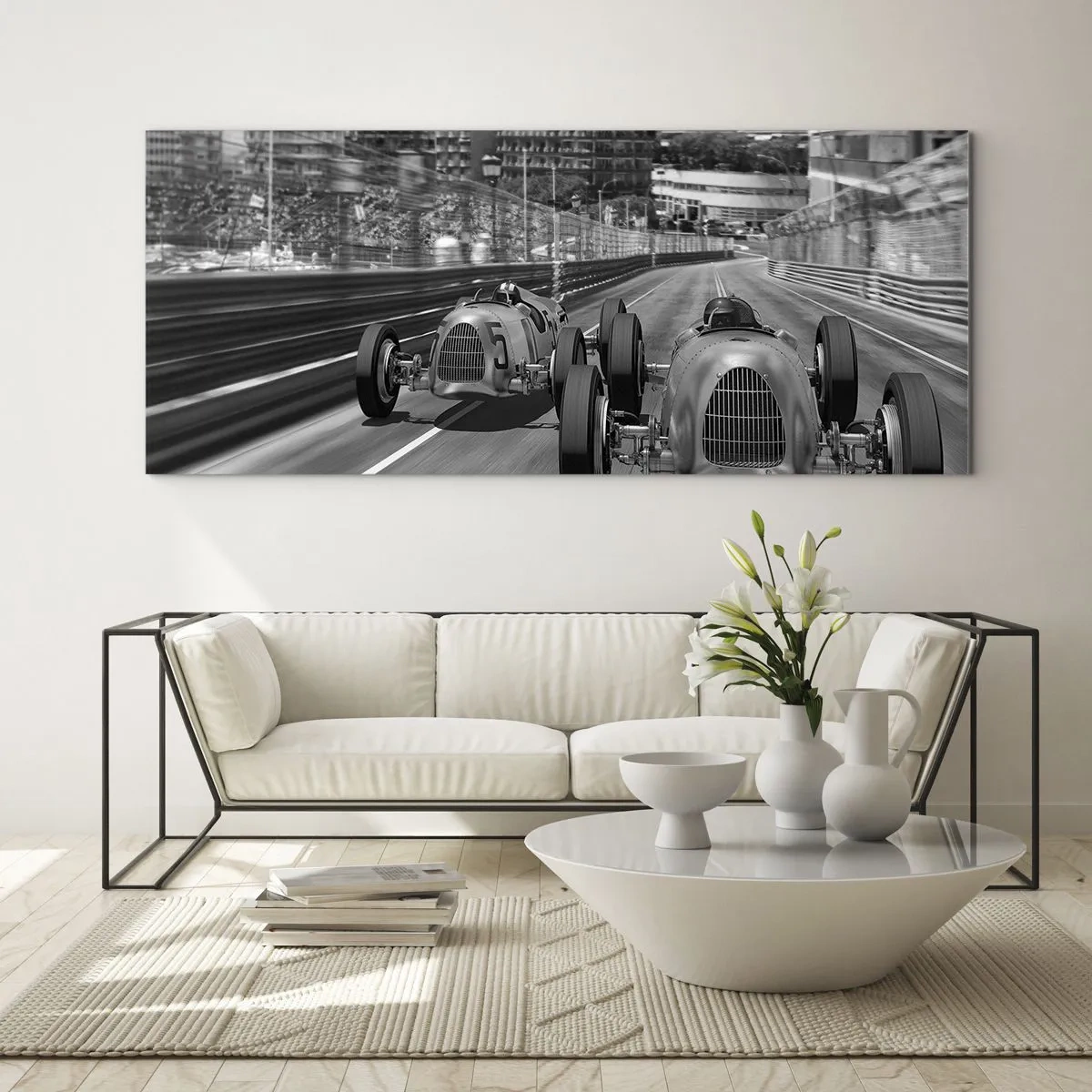 Glasbild - Bild auf glas - Monochrome Retro-Autorennen-Szene - 120x50cm - Vor langer Zeit in Monte Carlo - Moderne Wanddekoration für Wohnzimmer und Schlafzimmer ARTTOR