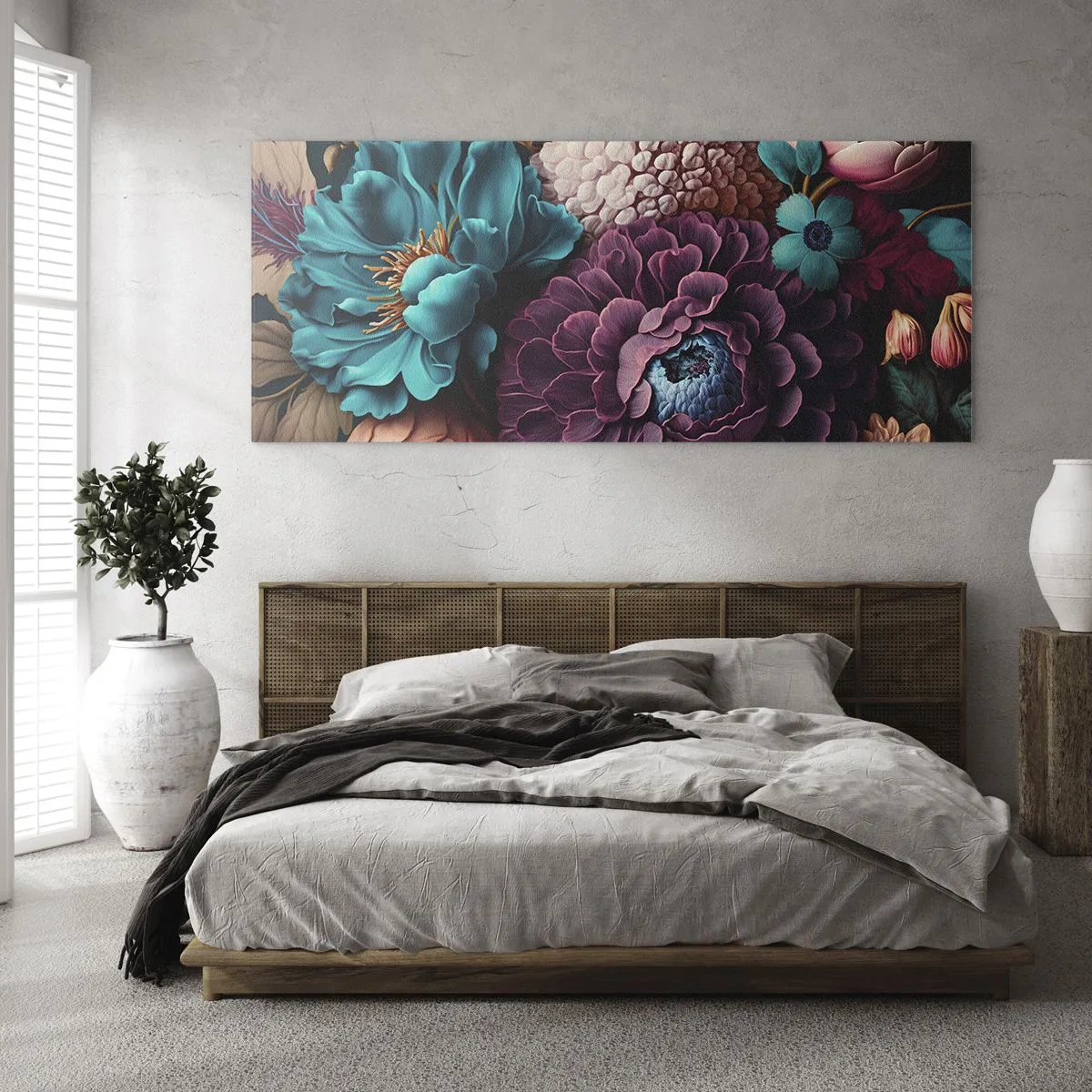 Glasbild - Bild auf glas - Ein Blumenstrauß in intensiven Farben auf dunklem Hintergrund - 160x50cm - Natur in Hülle und Fülle - Moderne Wanddekoration für Wohnzimmer und Schlafzimmer ARTTOR