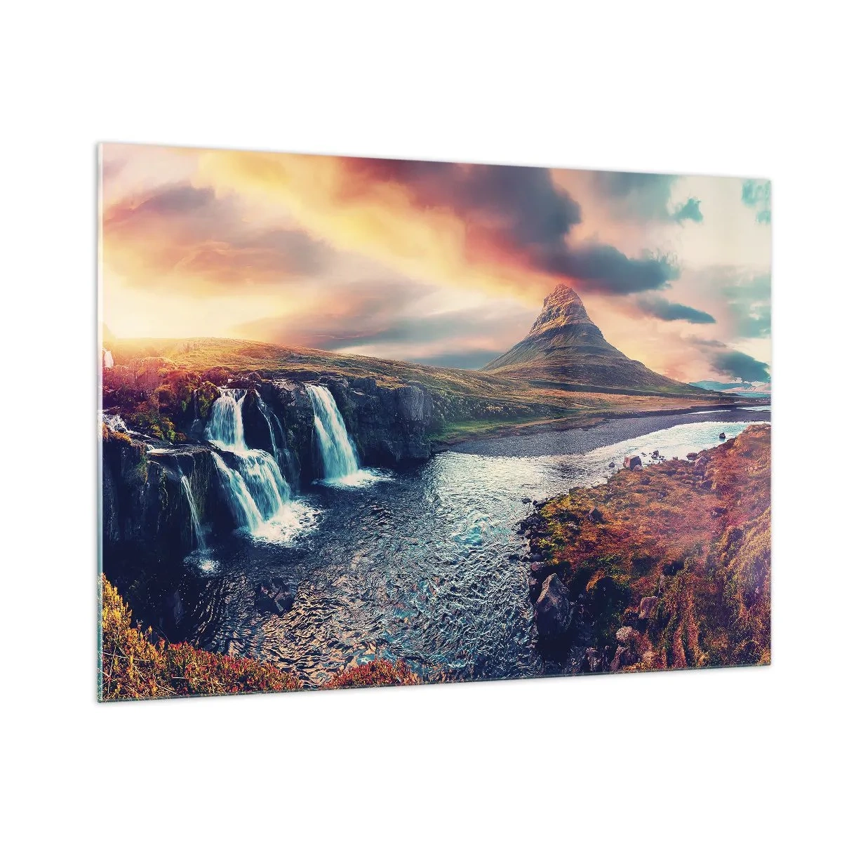 Glasbild - Bild auf glas - Wasserfall und Berg bei Sonnenuntergang in der isländischen Landschaft - 100x70cm - In der Majestät der Natur - Moderne Wanddekoration für Wohnzimmer und Schlafzimmer ARTTOR