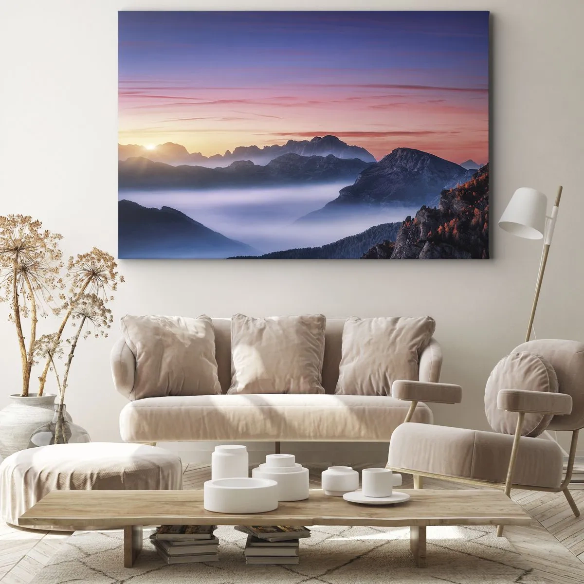 Bild auf Leinwand - Leinwandbild - Berglandschaft bei Sonnenaufgang mit Nebel in den Tälern - 70x50cm - Über die Täler - Moderne Wanddekoration für Wohnzimmer und Schlafzimmer ARTTOR