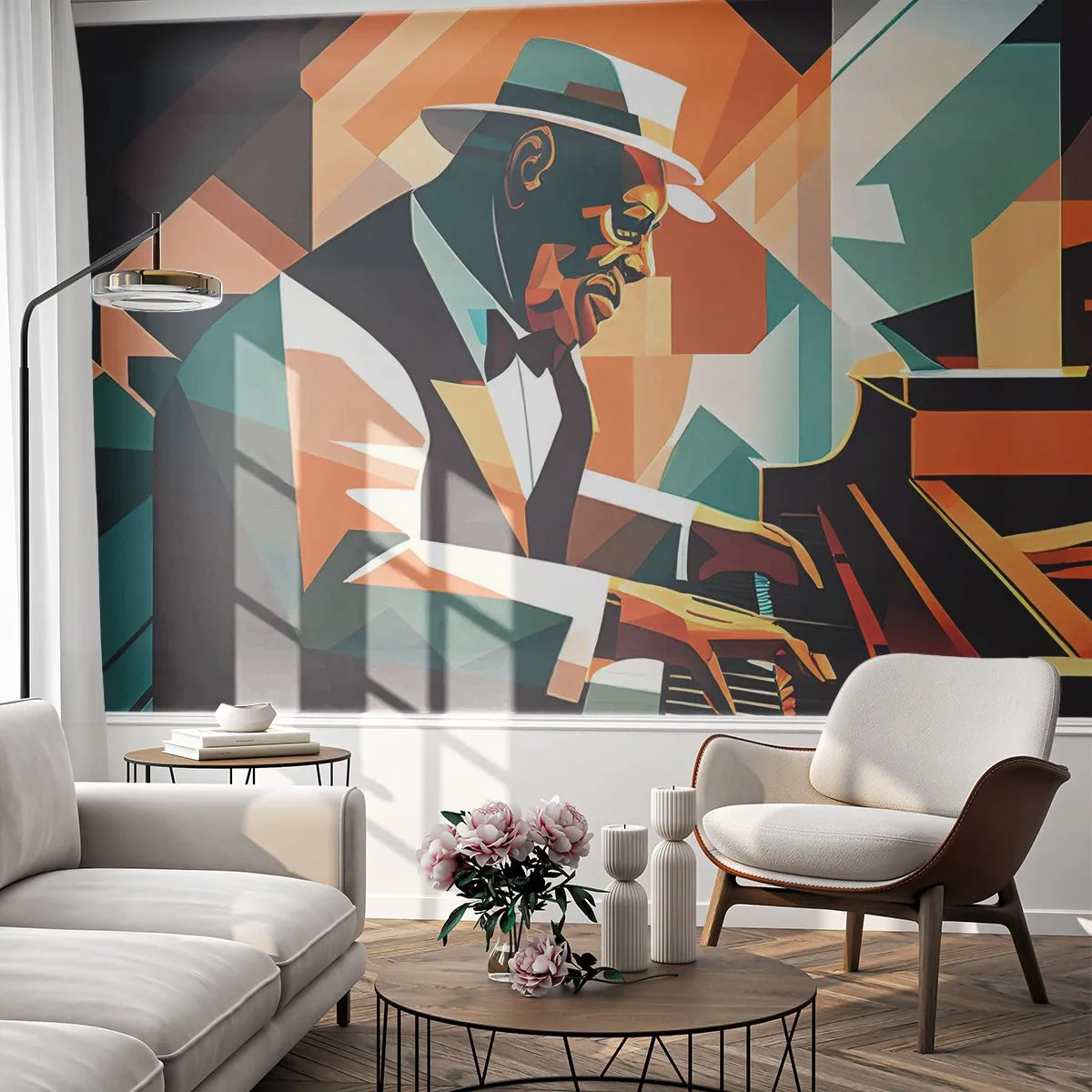 Fototapete Premium Sand - Stilisierter Jazzmusiker, der in geometrischen Farben Klavier spielt. - 100x70cm - Alles vom Jazz - Moderne Wanddekoration für Wohnzimmer und Schlafzimmer ARTTOR