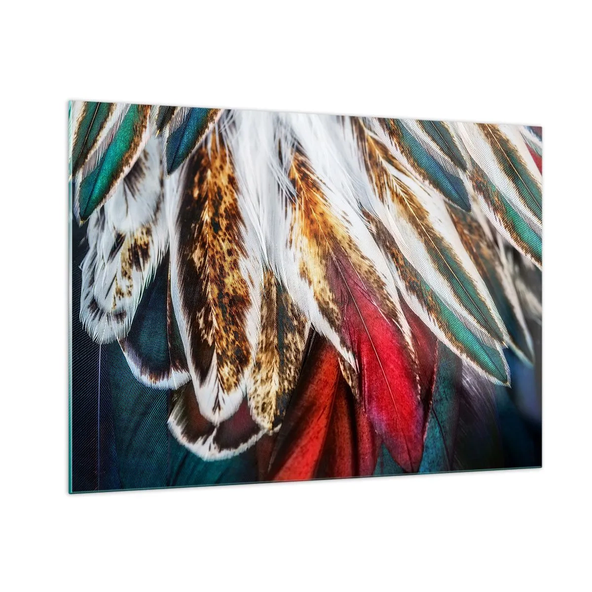 Glasbild - Bild auf glas - Bunte Federn in einer reichen Farbpalette mit einer ausgeprägten Textur - 100x70cm - Geheimnisse des Fliegens - Moderne Wanddekoration für Wohnzimmer und Schlafzimmer ARTTOR