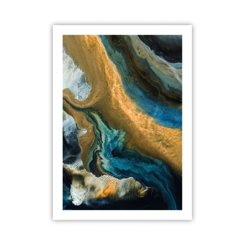 Poster - Eine abstrakte Komposition in Gold- und Blautönen. - 50x70cm - Blau - Gelb - gegenseitige Beeinflussung - Moderne Wanddekoration für Wohnzimmer und Schlafzimmer ARTTOR