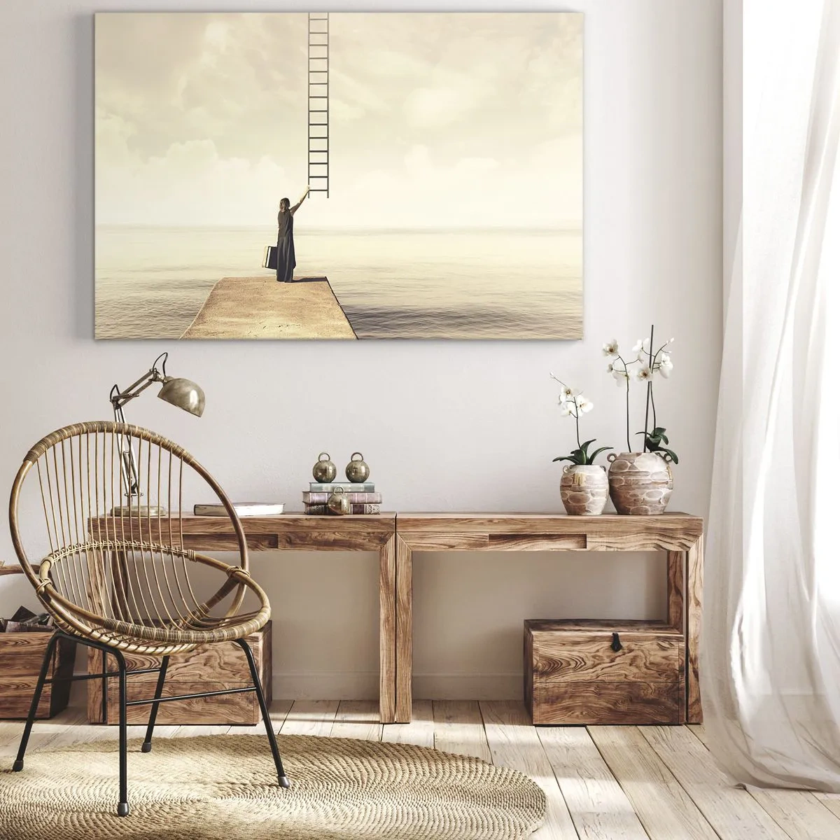 Bild auf Leinwand - Leinwandbild - Eine Frau steht auf einem Pier mit einer Leiter, die in den Himmel führt - 70x50cm - Eine magische Reise - Moderne Wanddekoration für Wohnzimmer und Schlafzimmer ARTTOR