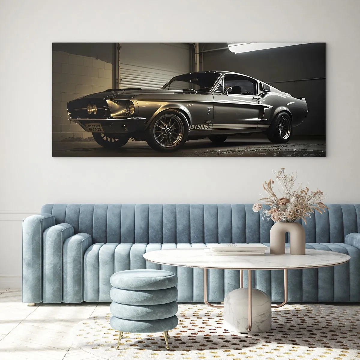 Glasbild - Bild auf glas - Oldtimer in Retro-Garage - 160x50cm - Zurück in die Vergangenheit - Moderne Wanddekoration für Wohnzimmer und Schlafzimmer ARTTOR