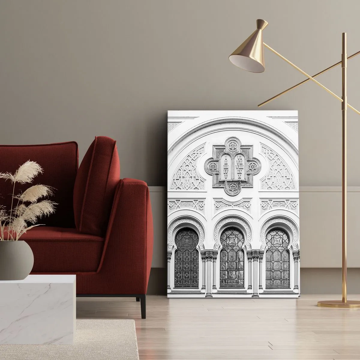 Bild auf Leinwand - Leinwandbild - Architektonische Details der Fassade im monochromen Stil - 80x120cm - An der Grenze der Kulturen - Moderne Wanddekoration für Wohnzimmer und Schlafzimmer ARTTOR