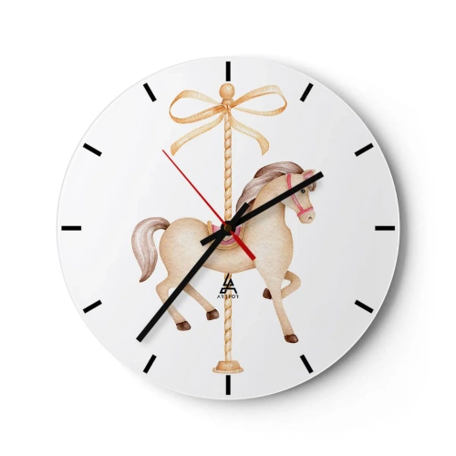 Wanduhr - Glasuhr - Ein hellbraunes Karussellpferd auf einem Hintergrund mit einer dekorativen Schleife - 30x30cm - Anmutiger Trab - Moderne Wanddekoration für Wohnzimmer, Küche und Schlafzimmer ARTTOR