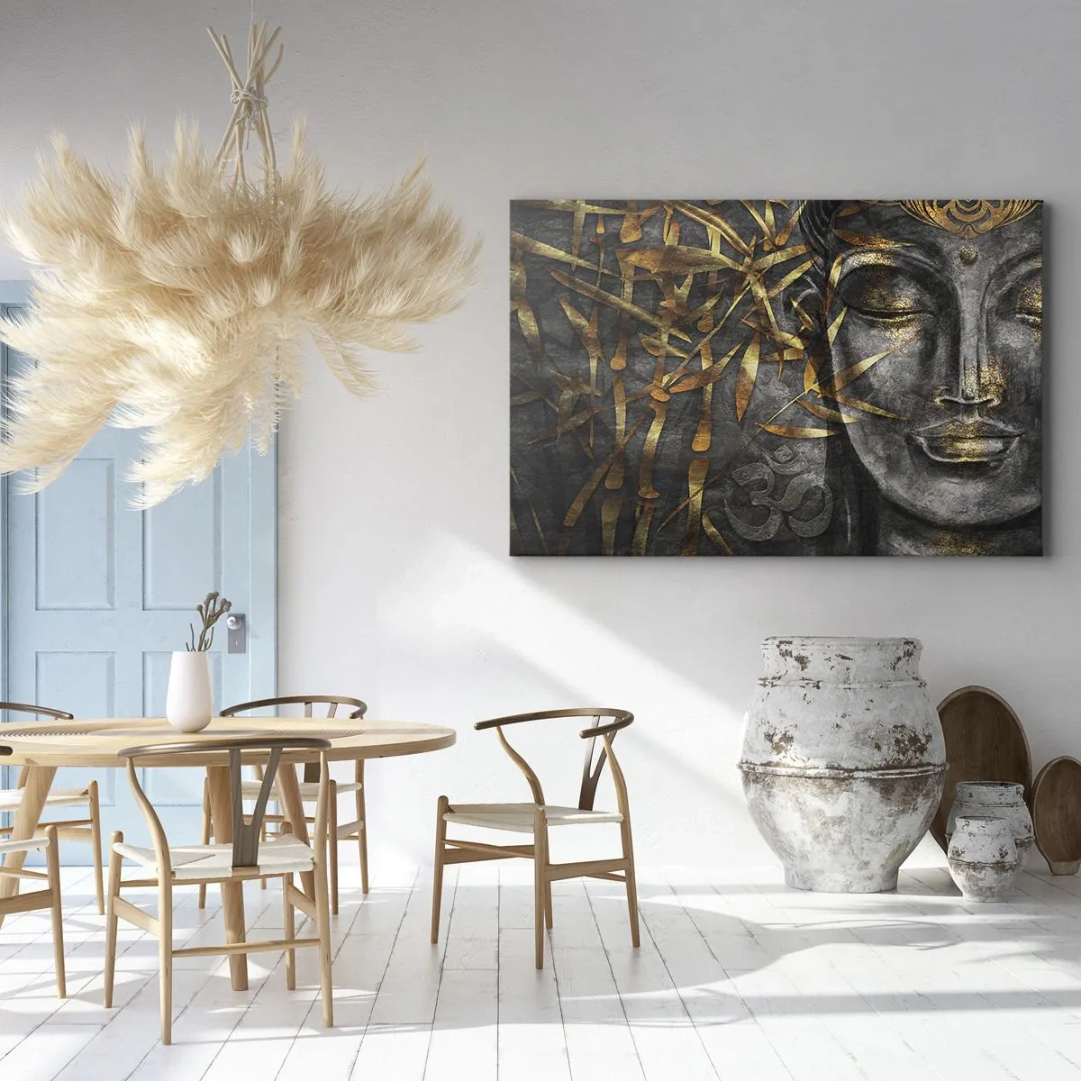 Bild auf Leinwand - Leinwandbild - Zen-Buddha-Bild mit goldenem Bambus - 120x80cm - Fühle den Frieden - Moderne Wanddekoration für Wohnzimmer und Schlafzimmer ARTTOR