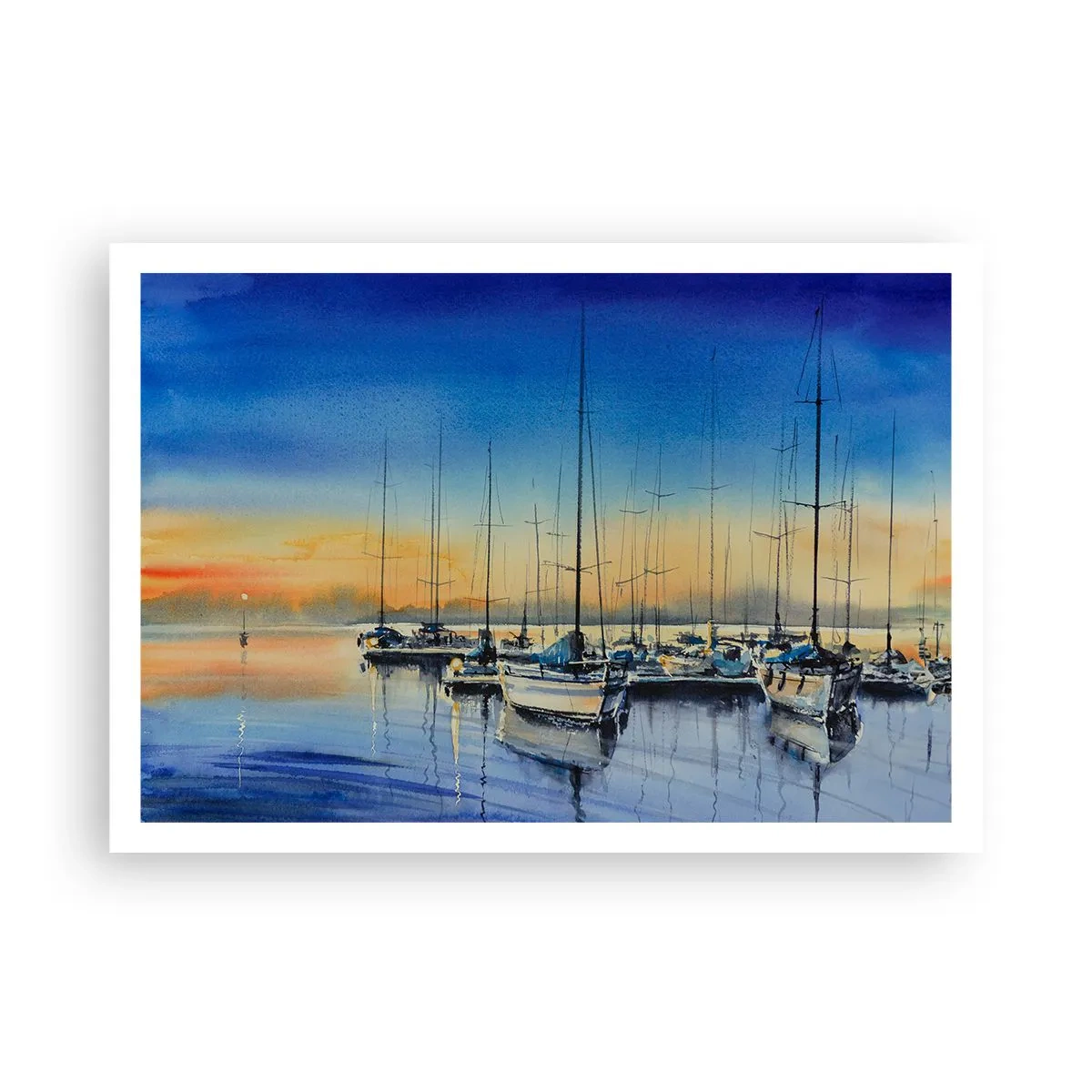 Poster - Yachthafen bei Sonnenuntergang mit Spiegelungen auf dem Wasser - 100x70cm - Ende eines guten Tages - Moderne Wanddekoration für Wohnzimmer und Schlafzimmer ARTTOR