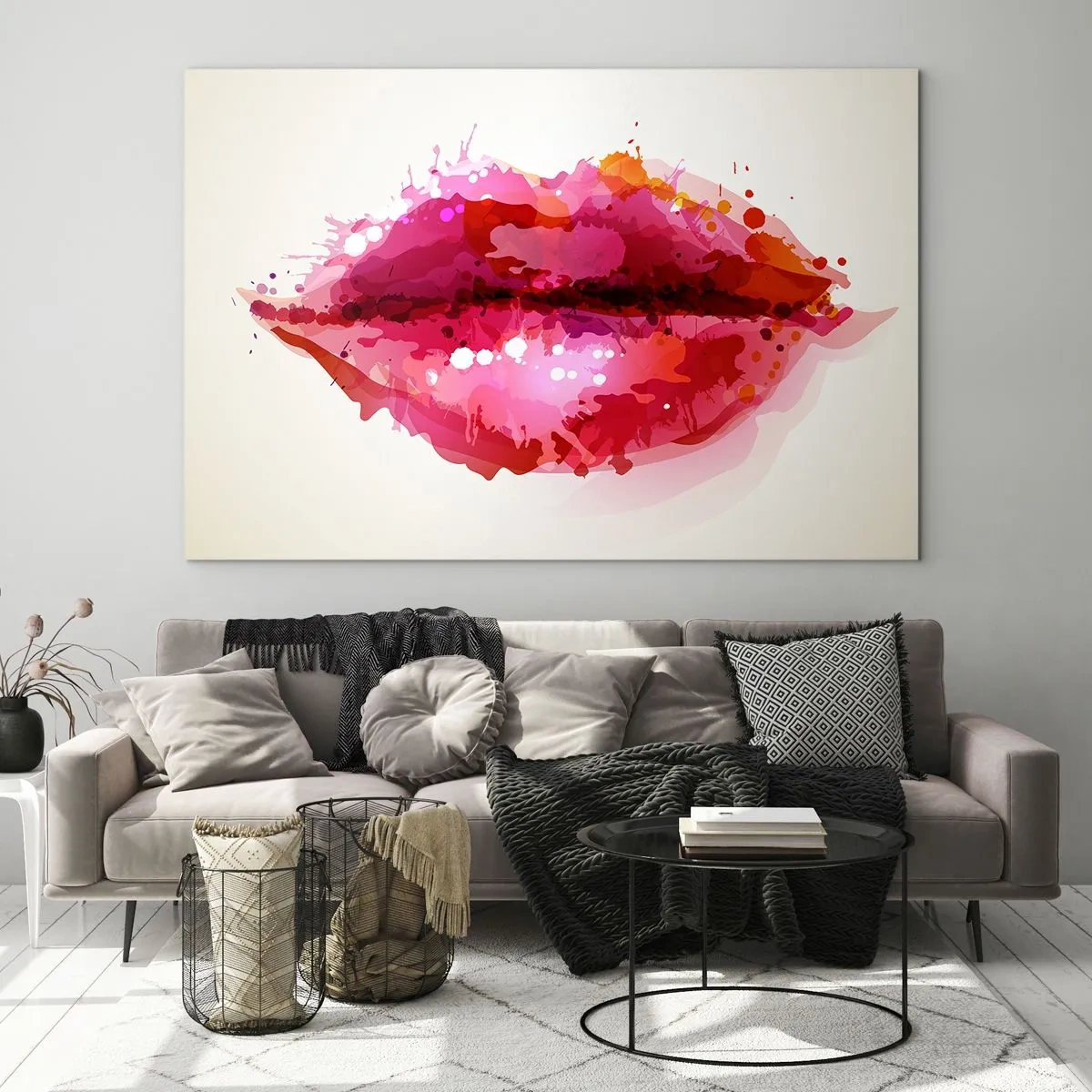 Glasbild - Bild auf glas - Abstrakte Lippen in leuchtenden Farben - 120x80cm - Ein rötlicher Rotton - Moderne Wanddekoration für Wohnzimmer und Schlafzimmer ARTTOR