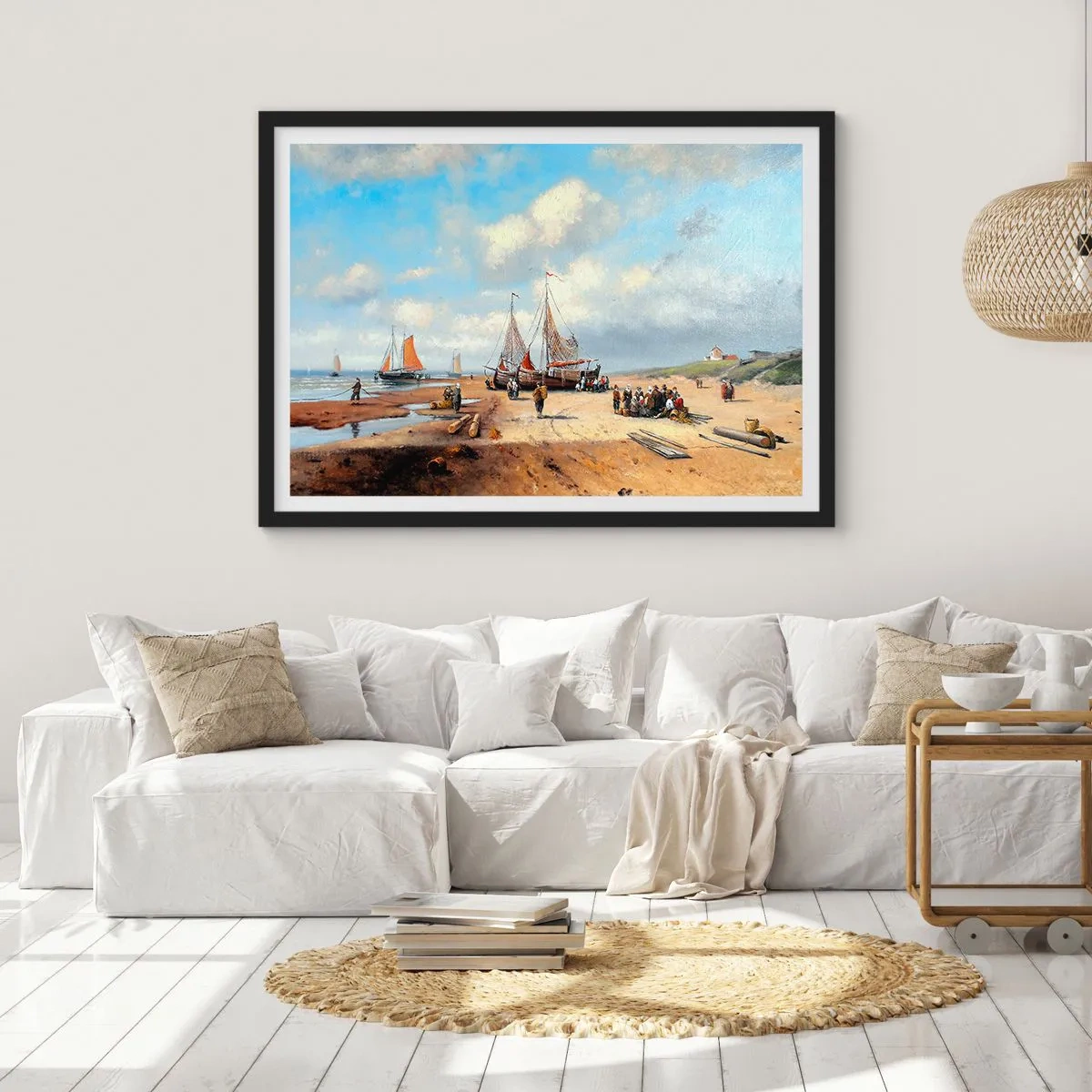 Poster in einem schwarzem Rahmen - Fischerboote am Strand mit menschlichen Figuren - 70x50cm - Nach einem erfolgreichen Fischfang - Moderne Wanddekoration für Wohnzimmer und Schlafzimmer ARTTOR