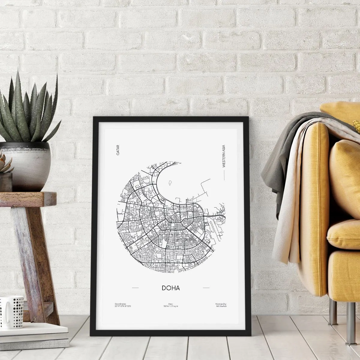 Poster in einem schwarzem Rahmen - Eine minimalistische Schwarz-Weiß-Karte von Doha - 50x70cm - Anatomie von Doha - Moderne Wanddekoration für Wohnzimmer und Schlafzimmer ARTTOR