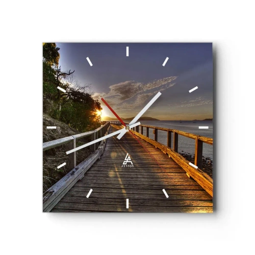 Wanduhr - Glasuhr - Ein Holzsteg führt dem Sonnenuntergang über dem Wasser entgegen - 30x30cm - Gehen, weiter der Sonne entgegengehen - Moderne Wanddekoration für Wohnzimmer und Schlafzimmer ARTTOR