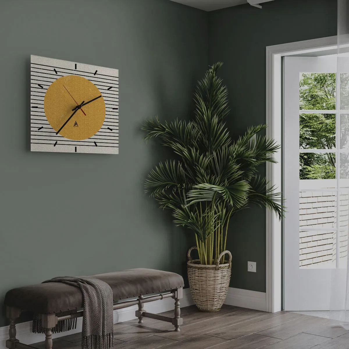 Wanduhr - Glasuhr - Ein gelber Kreis auf einem Hintergrund aus schwarzen und weißen horizontalen Linien - 30x30cm - Die Kraft der Einfachheit - Moderne Wanddekoration für Wohnzimmer und Schlafzimmer ARTTOR