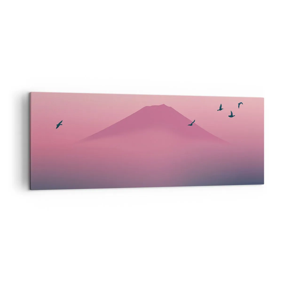 Bild auf Leinwand - Leinwandbild - Eine minimalistische Landschaft mit einem Berg und Vögeln bei Sonnenaufgang - 140x50cm - Wanderer über den Wolken - Moderne Wanddekoration für Wohnzimmer und Schlafzimmer ARTTOR