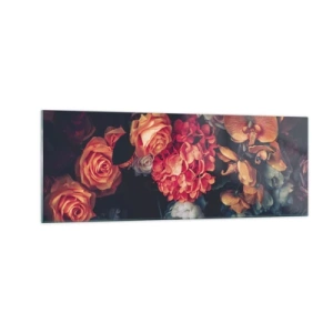 Glasbild - Bild auf glas - Ein Strauß verschiedener Blumen in dunklen Tönen - 140x50cm - Wie bei den holländischen Meistern - Moderne Wanddekoration für Wohnzimmer und Schlafzimmer ARTTOR
