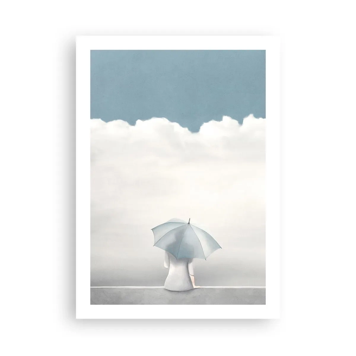 Poster - Eine Figur mit einem Regenschirm sitzt auf einem Felsvorsprung zwischen den Wolken - 50x70cm - Am Rande der Realität und Träume - Moderne Wanddekoration für Wohnzimmer und Schlafzimmer ARTTOR