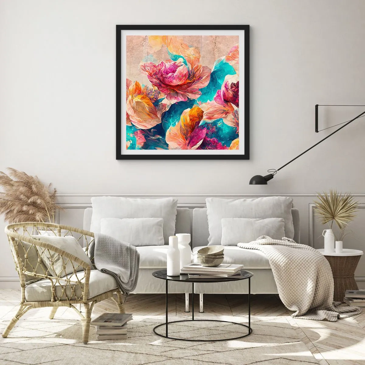 Poster in einem schwarzem Rahmen - Farbenpracht des Straußes - 50x50 cm