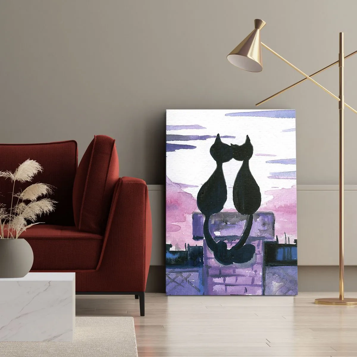 Bild auf Leinwand - Leinwandbild - Schwarze Katzen auf einem Dach im Mondlicht in einer Aquarell-Kulisse - 70x100cm - Rendez-vous unter dem Mond - Moderne Wanddekoration für Wohnzimmer und Schlafzimmer ARTTOR