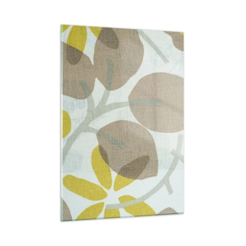 Glasbild - Bild auf glas - Stilisierte Blätter und Blüten in Pastellbeige und Gelb - 50x70cm - Komposition in voller Sonne - Moderne Wanddekoration für Wohnzimmer und Schlafzimmer ARTTOR