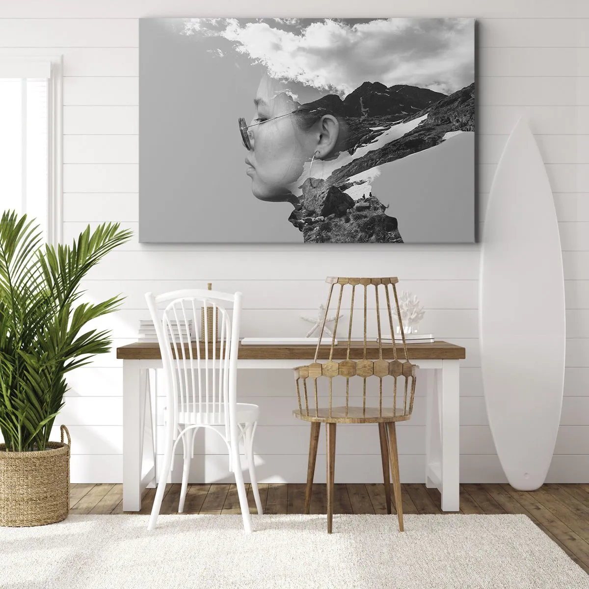Bild auf Leinwand - Leinwandbild - Eine Schwarz-Weiß-Komposition mit der Silhouette einer Frau und einer Berglandschaft. - 100x70cm - Top und bewölktes Porträt - Moderne Wanddekoration für Wohnzimmer und Schlafzimmer ARTTOR