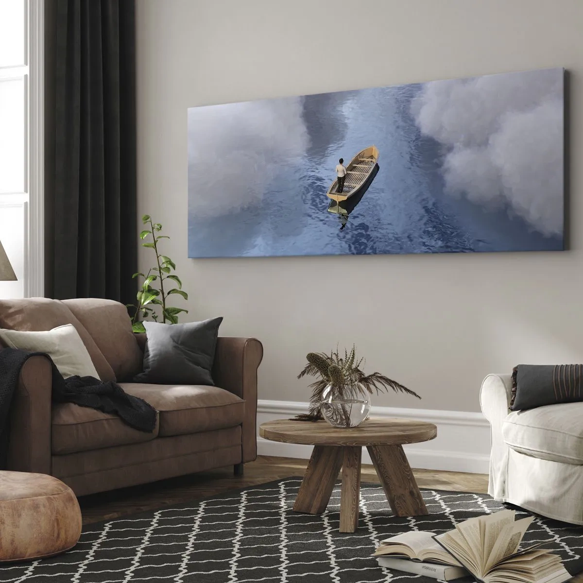 Bild auf Leinwand - Leinwandbild - Ein Mann in einem Boot auf einem ruhigen Meer, umgeben von Wolken - 140x50cm - Leben – Reise – unbekannt - Moderne Wanddekoration für Wohnzimmer und Schlafzimmer ARTTOR