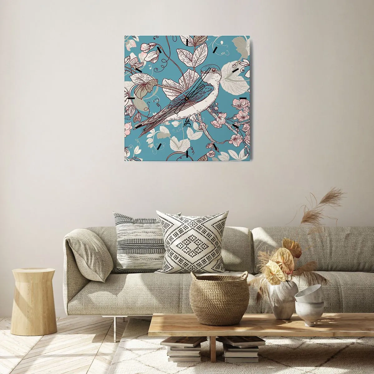 Wanduhr - Glasuhr - Ein Vogel auf einem Ast in einem zarten Blumenstil - 30x30cm - Im Weißholz von Rot und Silber - Moderne Wanddekoration für Wohnzimmer und Schlafzimmer ARTTOR