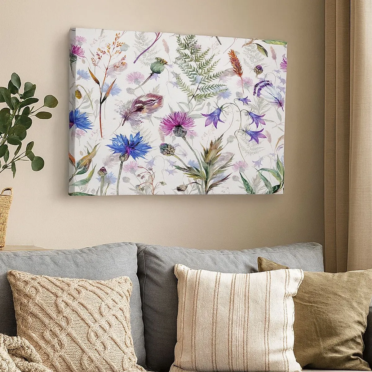 Bild auf Leinwand - Leinwandbild - Aquarellblumen und Kräuter auf weißem Hintergrund im Herbarium-Stil - 70x50cm - Polnisches Herbarium - Moderne Wanddekoration für Wohnzimmer und Schlafzimmer ARTTOR