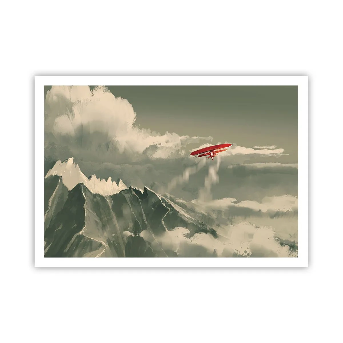 Poster - Rotes Flugzeug über schneebedeckten Bergen - 100x70cm - Furchtloser Pionier - Moderne Wanddekoration für Wohnzimmer und Schlafzimmer ARTTOR