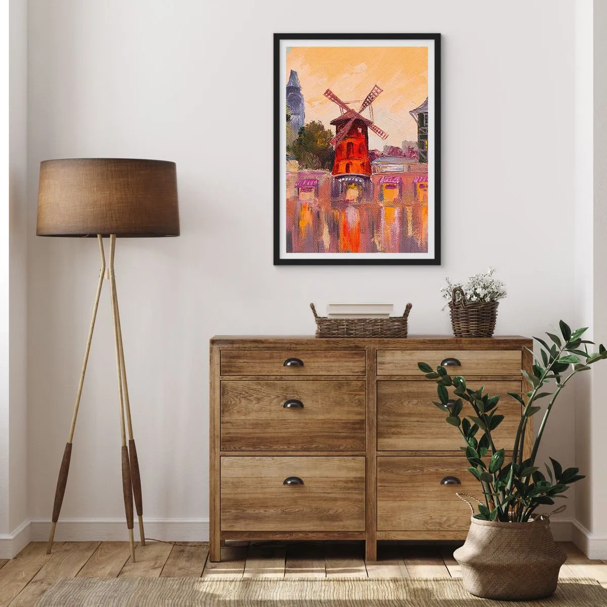 Poster in einem schwarzem Rahmen - Eine malerische Interpretation der berühmten Windmühle vor der Kulisse der Stadt - 50x70cm - Pariser Ikonen – Moulin Rouge - Moderne Wanddekoration für Wohnzimmer und Schlafzimmer ARTTOR