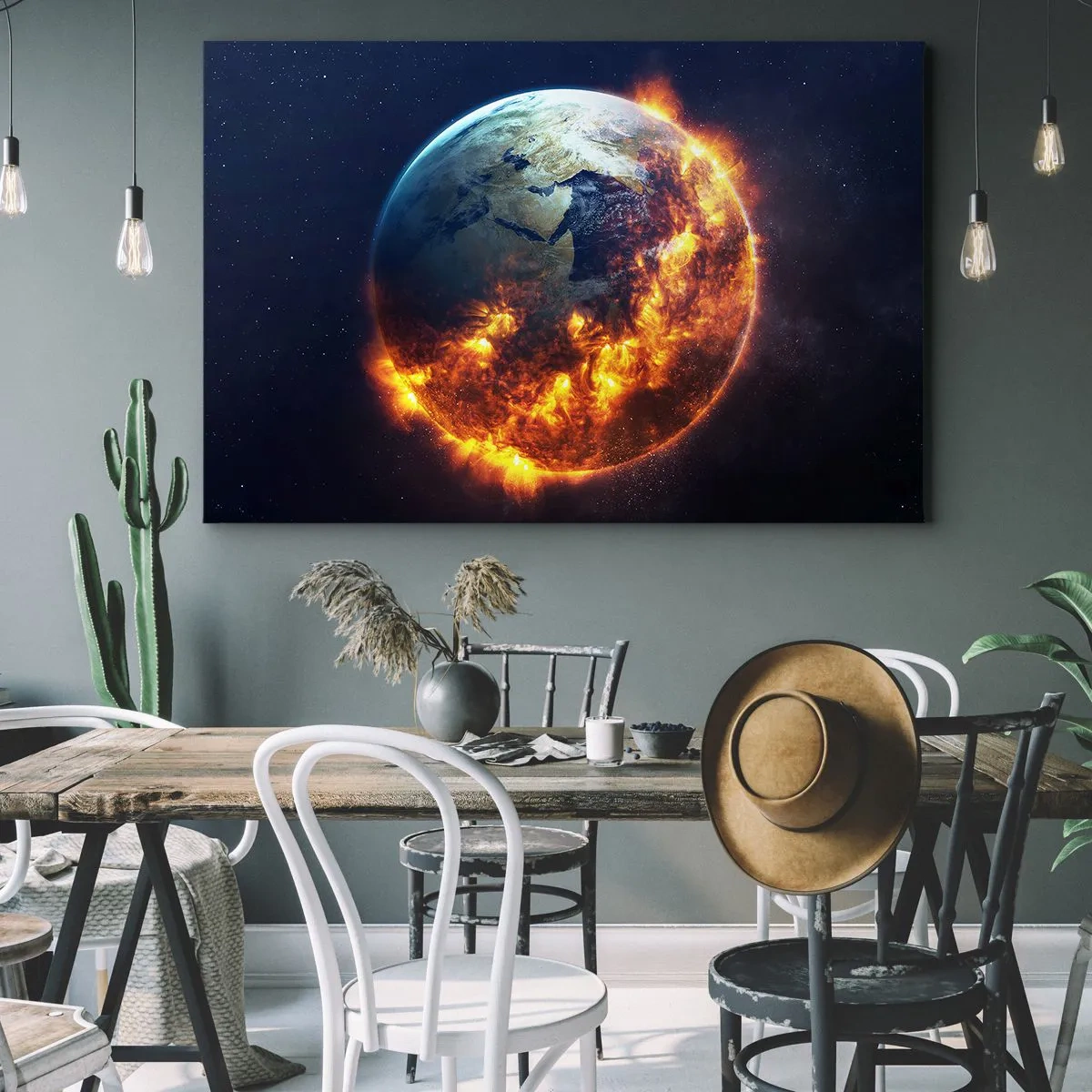 Bild auf Leinwand - Leinwandbild - Der Planet Erde brennt im Weltraum - 100x70cm - Die Flamme der Apokalypse - Moderne Wanddekoration für Wohnzimmer und Schlafzimmer ARTTOR