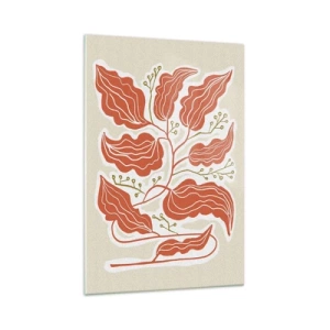 Glasbild - Bild auf glas - Ein minimalistisches Blattmotiv in Orange- und Grüntönen. - 70x100cm - Im Folkstil und korallenartig - Moderne Wanddekoration für Wohnzimmer und Schlafzimmer ARTTOR