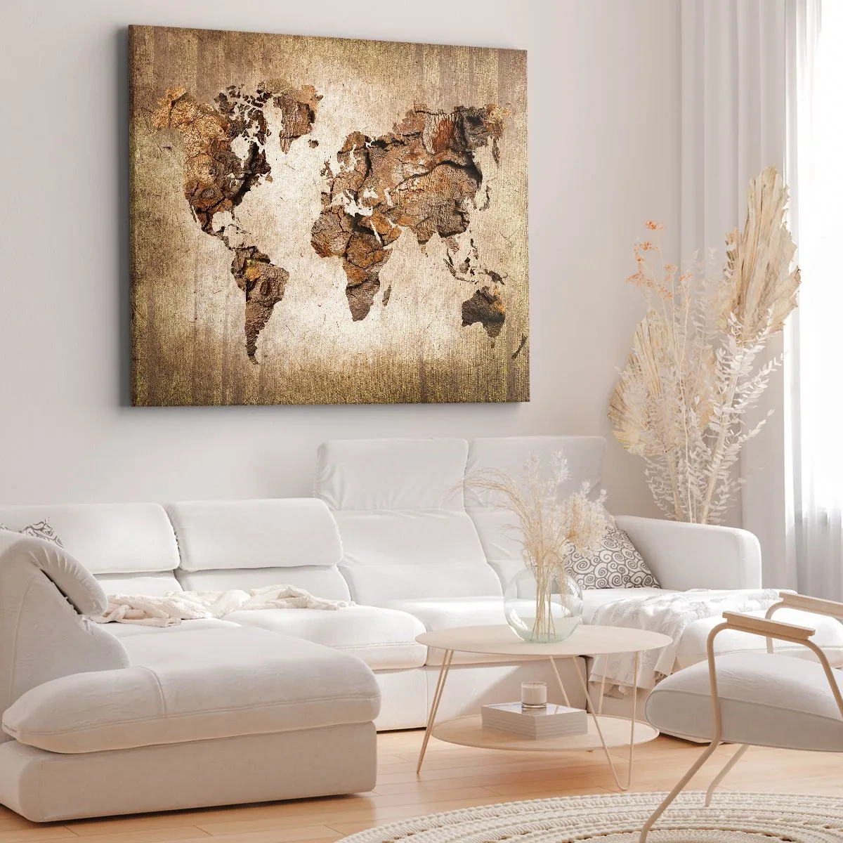Bild auf Leinwand - Leinwandbild - Eine Weltkarte im rustikalen Holzstil - 120x80cm - Entdeckung der Welt - Moderne Wanddekoration für Wohnzimmer und Schlafzimmer ARTTOR