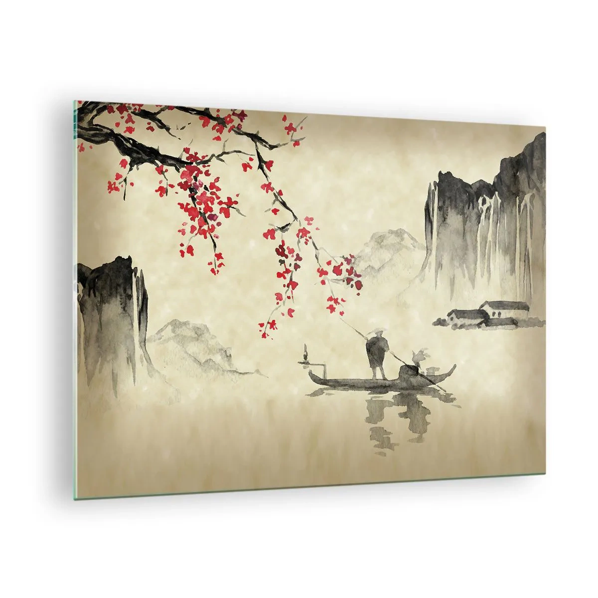 Glasbild - Bild auf glas - Orientalische Fischerszene mit Kirschblütenzweig und Bergen - 70x50cm - Im Land der blühenden Kirschbäume - Moderne Wanddekoration für Wohnzimmer und Schlafzimmer ARTTOR