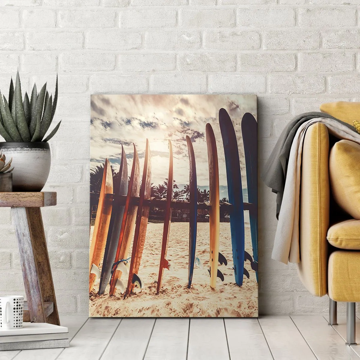Bild auf Leinwand - Leinwandbild - Surfbretter am Strand bei Sonnenuntergang - 50x70cm - Gute Nacht bis morgen - Moderne Wanddekoration für Wohnzimmer und Schlafzimmer ARTTOR