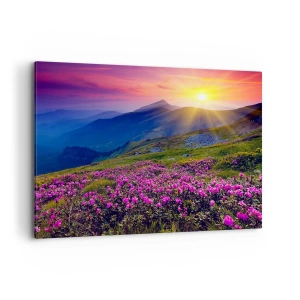 Bild auf Leinwand - Leinwandbild - Eine blühende Wiese mit Blick auf die Berge bei Sonnenuntergang - 120x80cm - … Und drumherum duftet es nach Latschenkiefer und dem Duft von Kräutern - Moderne Wanddekoration für Wohnzimmer und Schlafzimmer ARTTOR