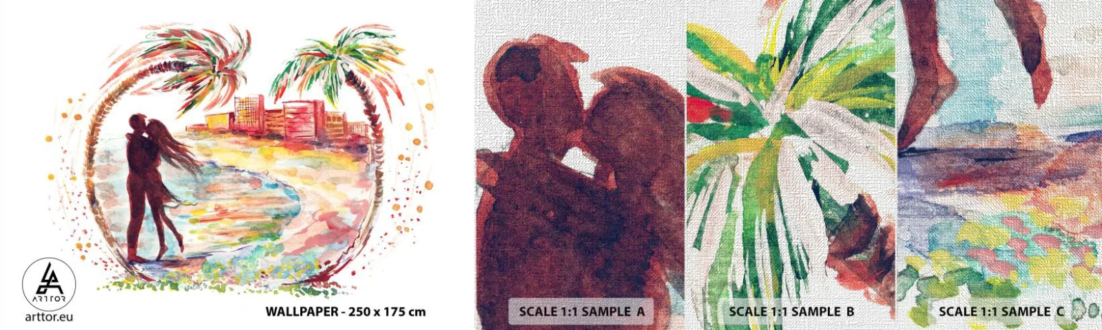 Fototapeten Muster Premium Canvas - Romantischer Urlaub - Menschen, Kokusnuss-Palme, Strand - 100x30 cm