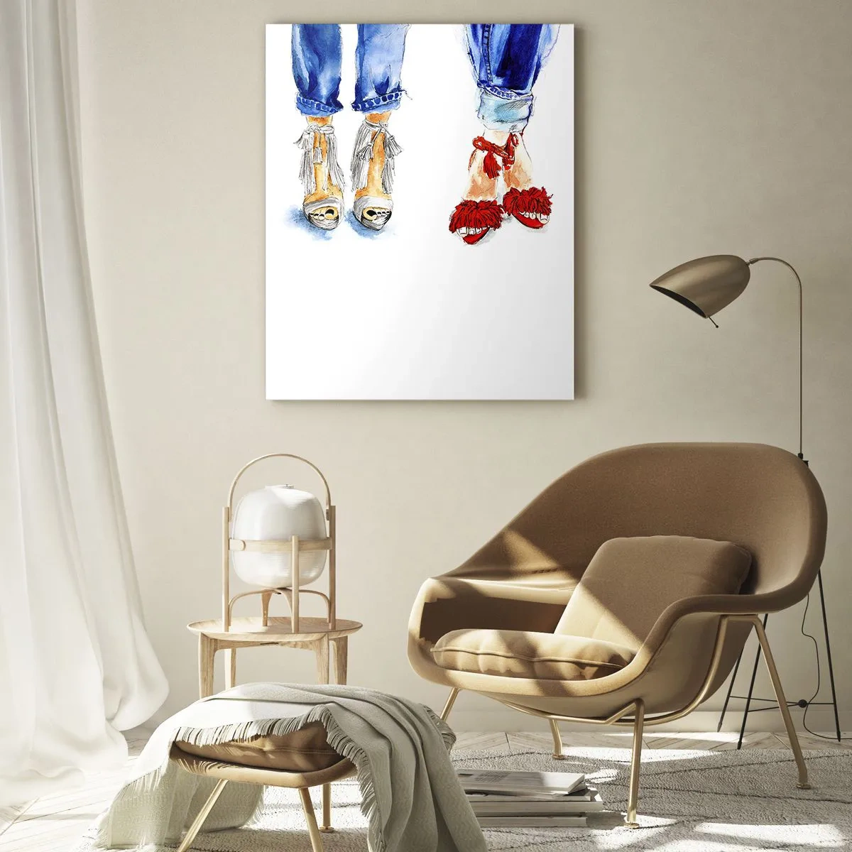 Glasbild - Bild auf glas - Abbildung von zwei Paar Schuhen in stylischen Sandalen und Jeans - 80x120cm - Vielleicht gehen wir spazieren? - Moderne Wanddekoration für Wohnzimmer und Schlafzimmer ARTTOR