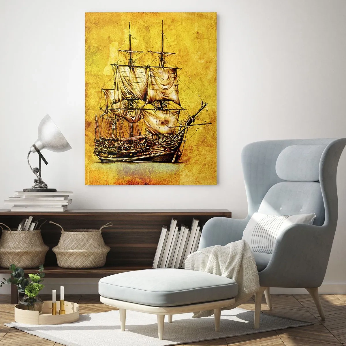 Glasbild - Bild auf glas - Ein historisches Segelschiff vor dem Hintergrund stilisierten Pergaments - 50x70cm - Richtung Tortuga! - Moderne Wanddekoration für Wohnzimmer und Schlafzimmer ARTTOR