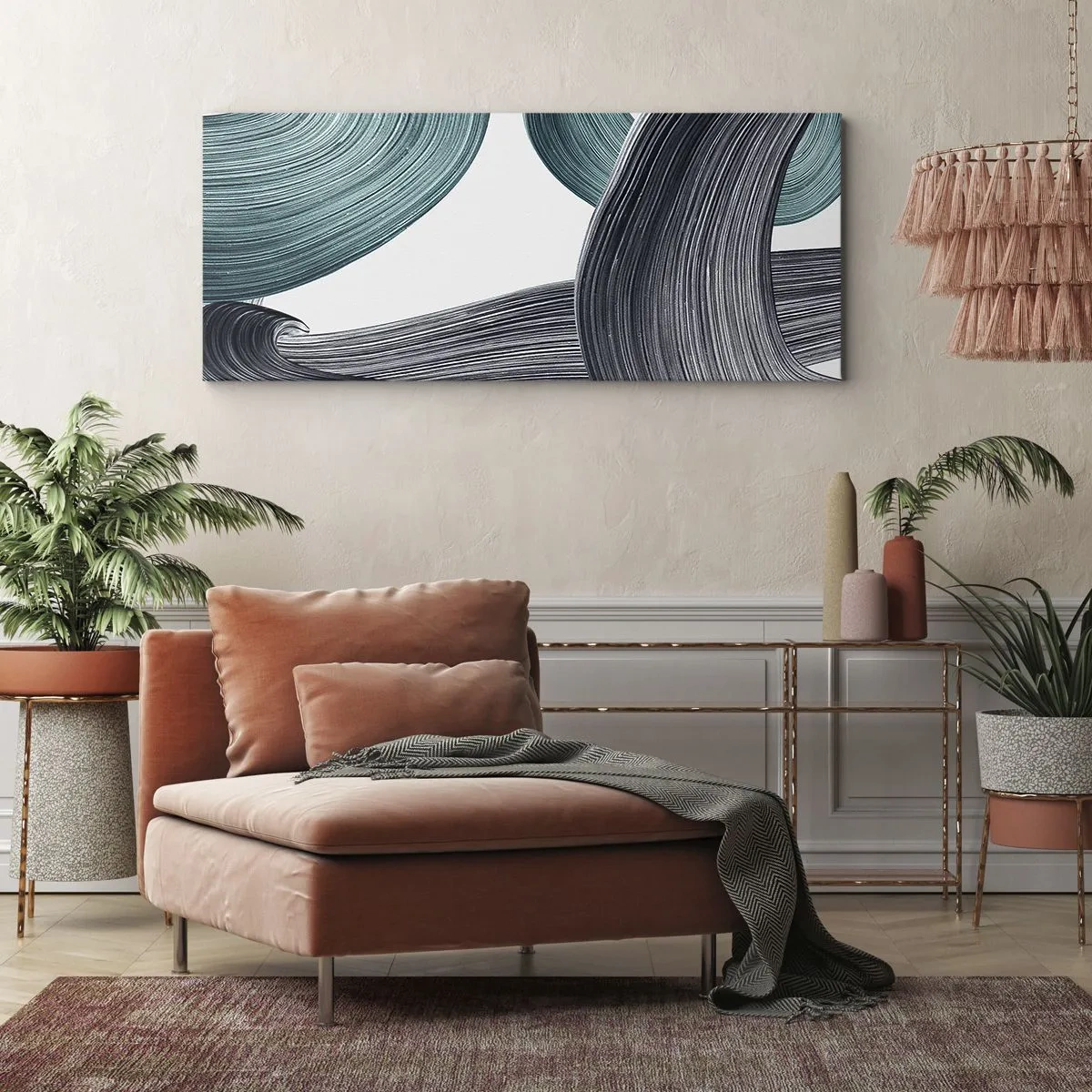 Bild auf Leinwand - Leinwandbild - Fließende abstrakte Linien in Grün- und Grautönen - 140x50cm - Smaragdgrüne und schwarze Pfade - Moderne Wanddekoration für Wohnzimmer und Schlafzimmer ARTTOR