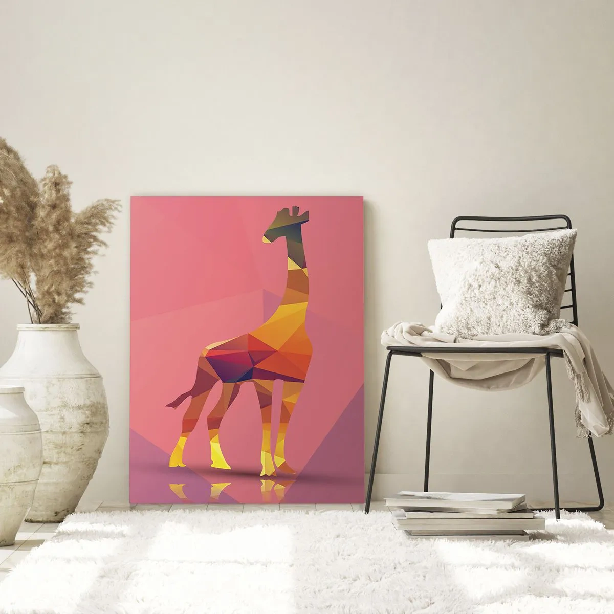 Glasbild - Bild auf glas - Geometrische Giraffensilhouette in Pastelltönen von Rosa und Gelb - 70x100cm - In den Farben der Savanne - Moderne Wanddekoration für Wohnzimmer und Schlafzimmer ARTTOR