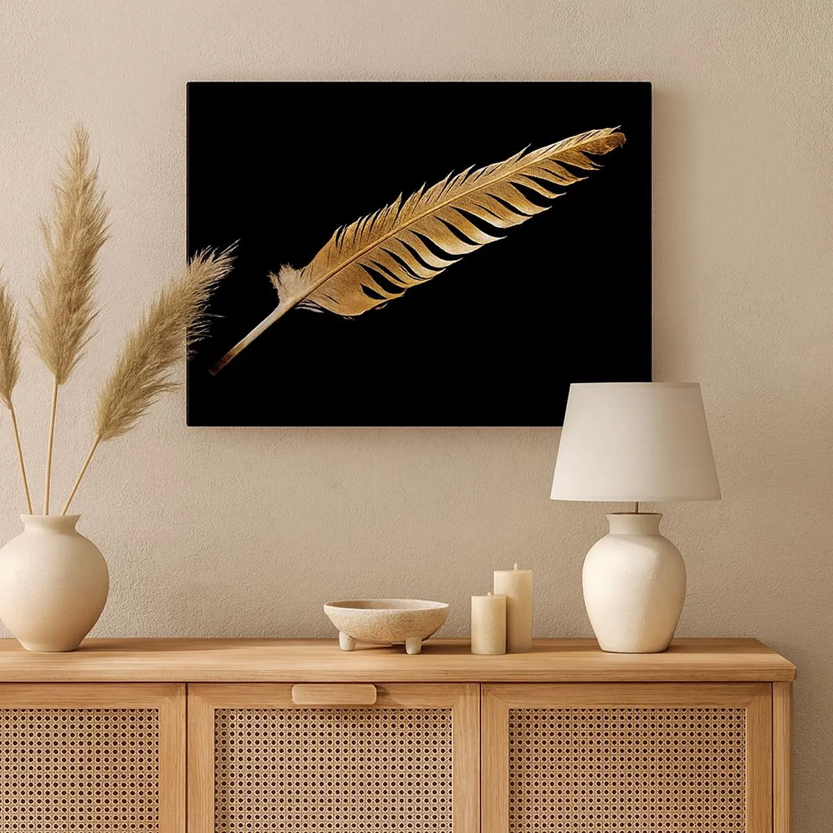 Bild auf Leinwand - Leinwandbild - Goldene Feder auf schwarzem Hintergrund - 70x50cm - Er hat ein ungewöhnliches Schreibtalent ... - Moderne Wanddekoration für Wohnzimmer und Schlafzimmer ARTTOR
