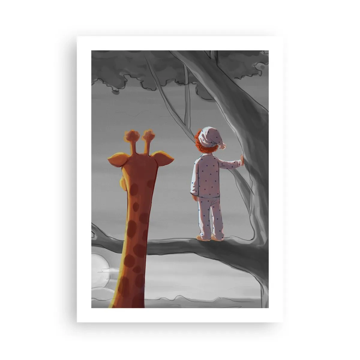 Poster - Ein Junge im Pyjama und eine Giraffe in einem Baum in einer grau-orangen Landschaft. - 50x70cm - Das passiert wirklich - Moderne Wanddekoration für Wohnzimmer und Schlafzimmer ARTTOR