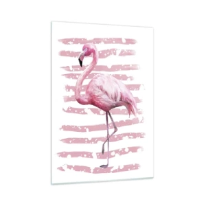 Glasbild - Bild auf glas - Ein rosa Flamingo vor einem Hintergrund aus künstlerischen rosa Streifen. - 50x70cm - In Würde, aber in Pink - Moderne Wanddekoration für Wohnzimmer und Schlafzimmer ARTTOR