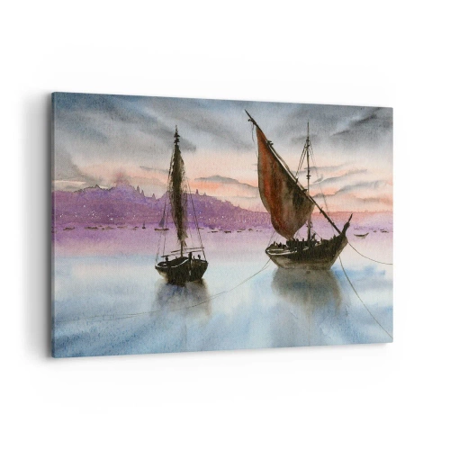 Bild auf Leinwand - Leinwandbild - Zwei Segelschiffe liegen in der Abenddämmerung auf ruhigem Wasser vor Anker - 120x80cm - Abend am Hafen - Moderne Wanddekoration für Wohnzimmer und Schlafzimmer ARTTOR