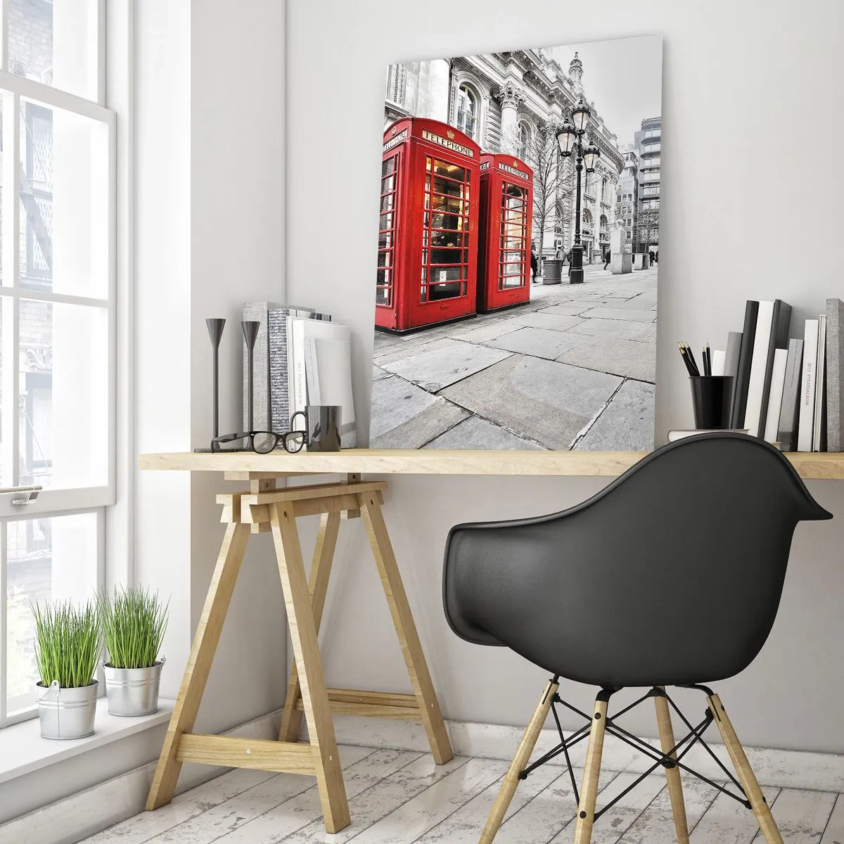 Glasbild - Bild auf glas - Rote Telefonzellen vor dem Hintergrund der Stadtlandschaft - 80x120cm - Willkommen in London - Moderne Wanddekoration für Wohnzimmer und Schlafzimmer ARTTOR