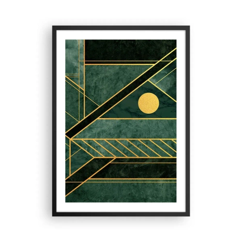 Poster in einem schwarzem Rahmen - Geometrische Abstraktion in Grün mit goldenen Akzenten - 50x70cm - Dynamik von Gold und Azurblau - Moderne Wanddekoration für Wohnzimmer und Schlafzimmer ARTTOR