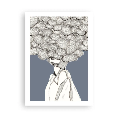 Poster - Eine Figur mit einer Wolke anstelle eines Kopfes, stilisiert in Grautönen. - 50x70cm - Mit dem Kopf in den Wolken stecken - Moderne Wanddekoration für Wohnzimmer und Schlafzimmer ARTTOR
